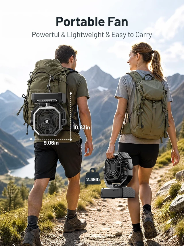 Alt view image 7 of 7 - Portable Rechargeable Fan - 9-Inch Camping Fan for Tent, 20000mAh(60Hrs) Battery Operated Fan for Camping, Auto Oscillation Cordless Fans, Tent Fans with Remote/Light, 4 Speeds, 4 Timing, Outdoor