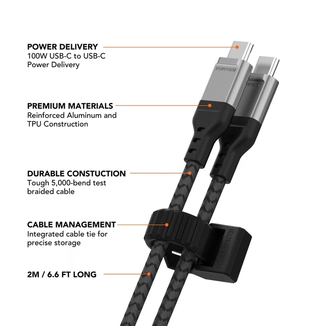 Alt view image 4 of 7 - Rokform PowerTrip 100W USB-C Charging Cable, 2m (6.6 ft) | Braided Cable, Integrated Cable Tie, 5,000 Bend Tested, Reinforced Aluminum, Kevlar and TPU