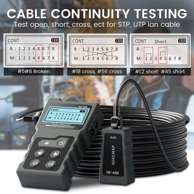 Alt view image 4 of 7 - VXSCAN NF-488 PoE Cable Tester for Power Over Ethernet Cable Wire Tester | Network Cable Continuity Tester, DC Power & Switch Loop-Back Test, PoE Checker, Network Cable Tester for CAT5e/CAT6/CAT6a