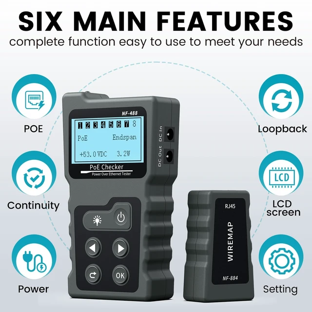 Alt view image 5 of 7 - VXSCAN NF-488 PoE Cable Tester for Power Over Ethernet Cable Wire Tester | Network Cable Continuity Tester, DC Power & Switch Loop-Back Test, PoE Checker, Network Cable Tester for CAT5e/CAT6/CAT6a