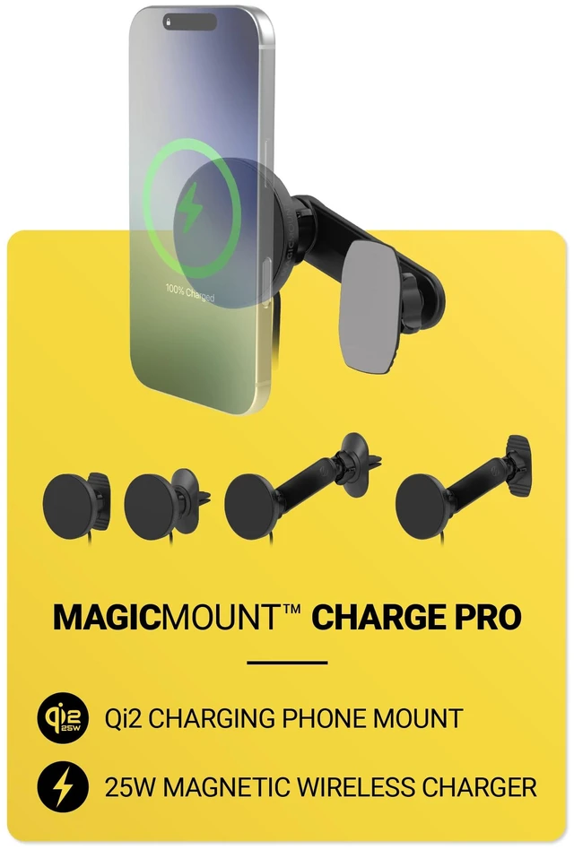 Main image of Scosche Qi2 MagSafe Car Mount Charger 25W Fast Wireless Phone Holder with 5-in-1 Mounting Options for Vent, Dashboard, Swing Arm, Back-of-Display, Compatible with iPhone 17/16/15/14/13 & Samsung S25