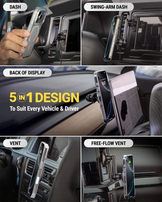 Alt view image 3 of 7 - Scosche Qi2 MagSafe Car Mount Charger 25W Fast Wireless Phone Holder with 5-in-1 Mounting Options for Vent, Dashboard, Swing Arm, Back-of-Display, Compatible with iPhone 17/16/15/14/13 & Samsung S25