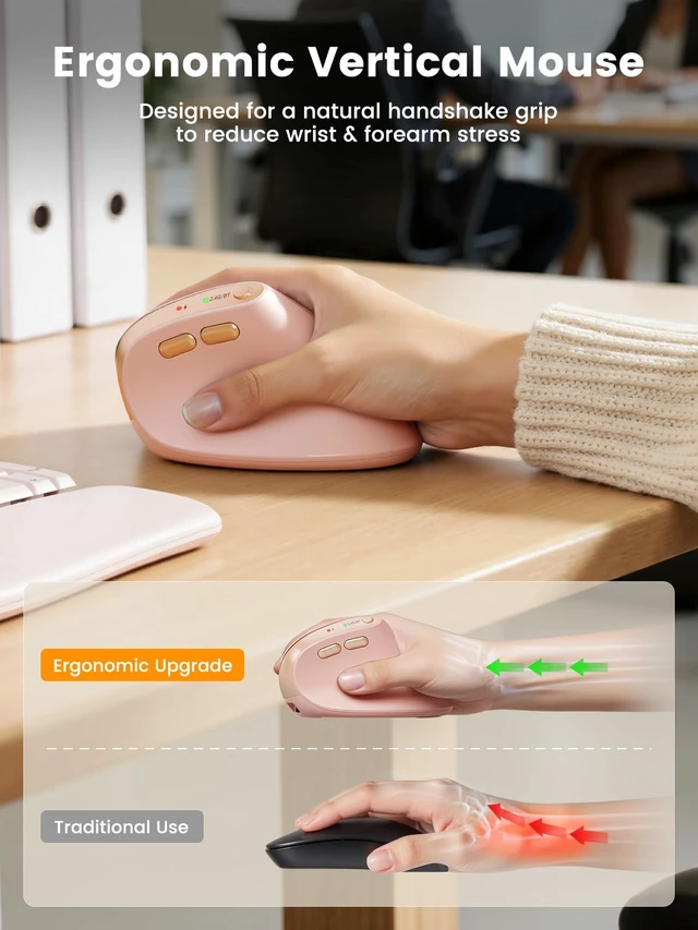 Alt view image 2 of 7 - SABLUTE MAM3 Ergonomic Mouse, Vertical Mouse for Small and Medium Hands | Wireless Mouse with 3-Device Bluetooth, Rechargeable Battery and 4 Adjustable DPI for Laptops, Windows and MacOS, Pink