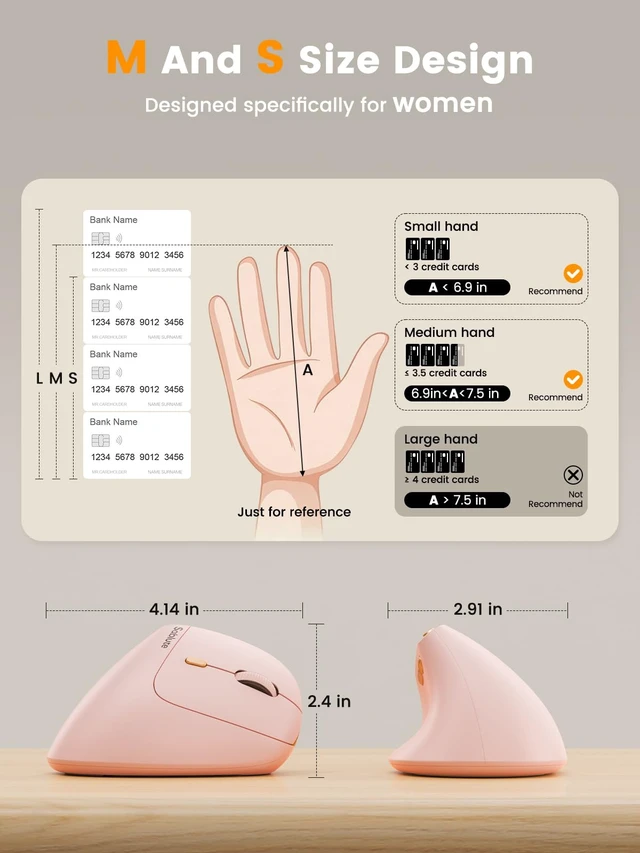 Alt view image 3 of 7 - SABLUTE MAM3 Ergonomic Mouse, Vertical Mouse for Small and Medium Hands | Wireless Mouse with 3-Device Bluetooth, Rechargeable Battery and 4 Adjustable DPI for Laptops, Windows and MacOS, Pink