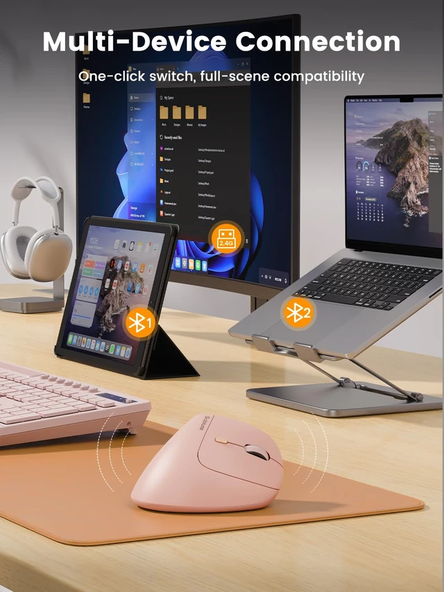 Alt view image 5 of 7 - SABLUTE MAM3 Ergonomic Mouse, Vertical Mouse for Small and Medium Hands | Wireless Mouse with 3-Device Bluetooth, Rechargeable Battery and 4 Adjustable DPI for Laptops, Windows and MacOS, Pink
