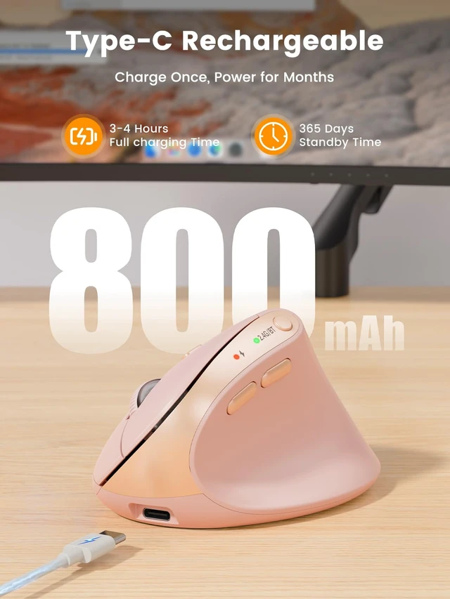 Alt view image 7 of 7 - SABLUTE MAM3 Ergonomic Mouse, Vertical Mouse for Small and Medium Hands | Wireless Mouse with 3-Device Bluetooth, Rechargeable Battery and 4 Adjustable DPI for Laptops, Windows and MacOS, Pink