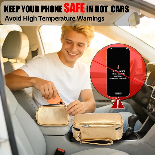 Alt view image 2 of 7 - Babeezy Car Phone Cooling Bag with 2 Ice Packs Thermal iPhone Pouch Gold | Prevents Overheating , Reflective Heat Shield Case, iPhone 17 Pro Max & Android , Essential Summer Work Gear
