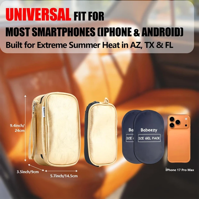Alt view image 5 of 7 - Babeezy Car Phone Cooling Bag with 2 Ice Packs Thermal iPhone Pouch Gold | Prevents Overheating , Reflective Heat Shield Case, iPhone 17 Pro Max & Android , Essential Summer Work Gear