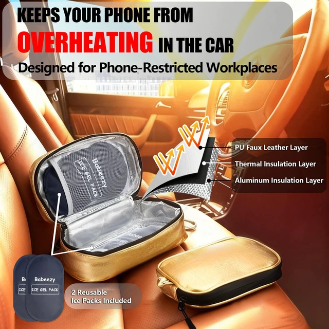 Alt view image 3 of 7 - Babeezy Car Phone Cooling Bag with 2 Ice Packs Thermal iPhone Pouch Gold | Prevents Overheating , Reflective Heat Shield Case, iPhone 17 Pro Max & Android , Essential Summer Work Gear