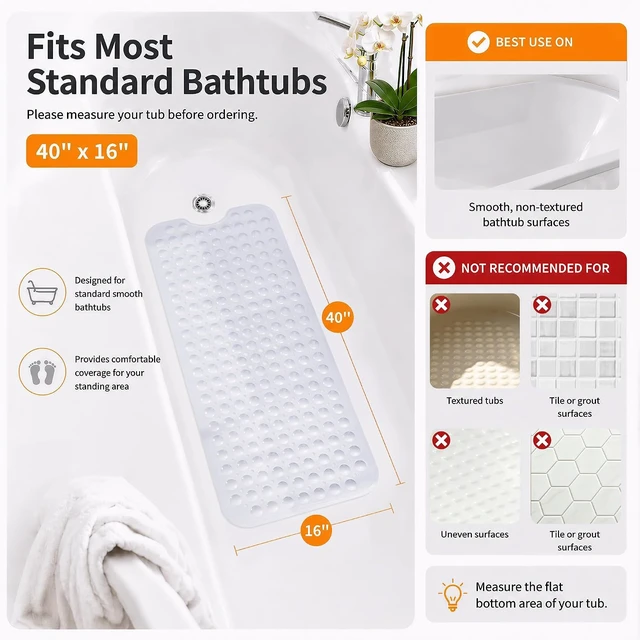 Alt view image 3 of 7 - Extra Long White Bath Rug, Non-Slip Bathtub Mat for Tub