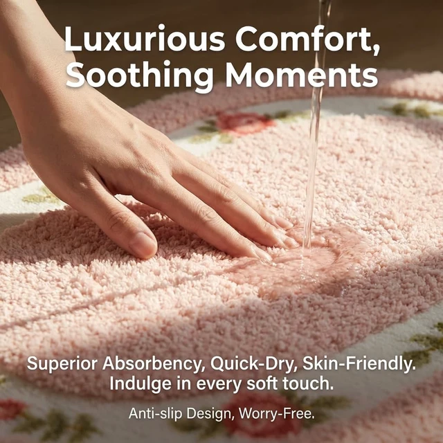 Alt view image 4 of 7 - Romantic Rose Flower Shaggy Bath Rug Non Slip Absorbent Washable Area Mat for Bathroom Living Room Bedroom Kitchen