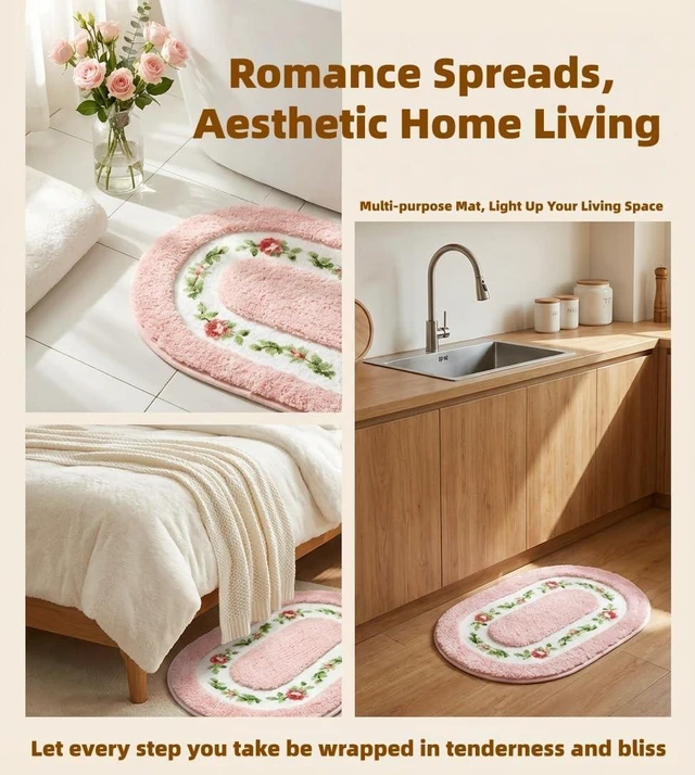 Alt view image 7 of 7 - Romantic Rose Flower Shaggy Bath Rug Non Slip Absorbent Washable Area Mat for Bathroom Living Room Bedroom Kitchen