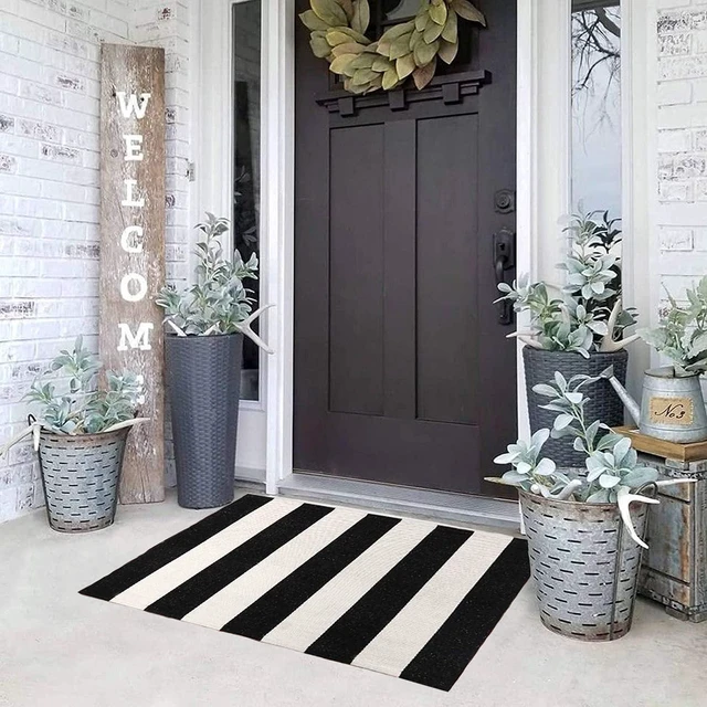 Main image of Handwoven Indoor Outdoor Farmhouse Door Mat for Entryway Kitchen Bathroom Living Room, Monochrome Striped Area Rug
