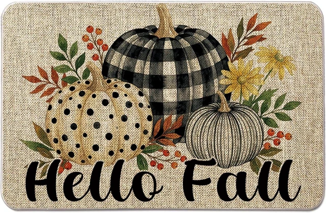 Main image of Autumn Plaid Pumpkin Door Mat Outdoor Entrance Rug Harvest Themed Home Kitchen Bathroom Floor Decor