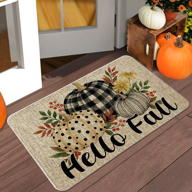 Alt view image 2 of 6 - Autumn Plaid Pumpkin Door Mat Outdoor Entrance Rug Harvest Themed Home Kitchen Bathroom Floor Decor