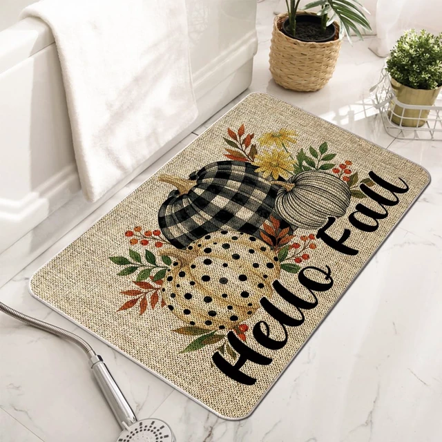 Alt view image 4 of 6 - Autumn Plaid Pumpkin Door Mat Outdoor Entrance Rug Harvest Themed Home Kitchen Bathroom Floor Decor