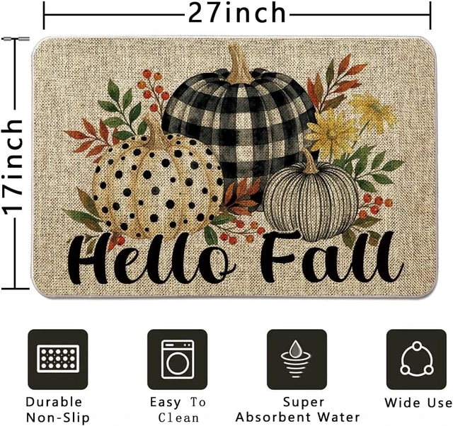 Alt view image 3 of 6 - Autumn Plaid Pumpkin Door Mat Outdoor Entrance Rug Harvest Themed Home Kitchen Bathroom Floor Decor
