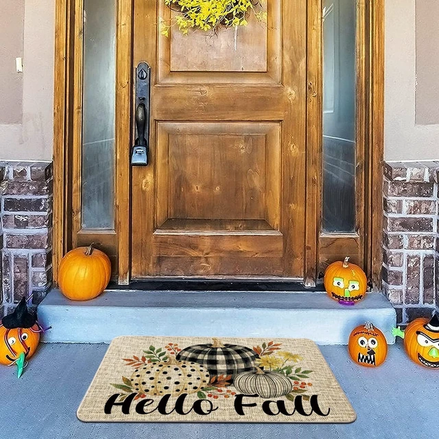 Alt view image 5 of 6 - Autumn Plaid Pumpkin Door Mat Outdoor Entrance Rug Harvest Themed Home Kitchen Bathroom Floor Decor