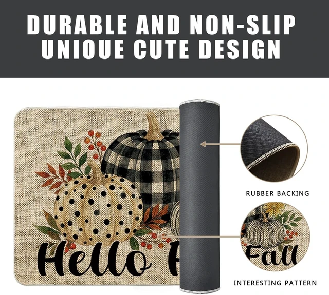 Alt view image 6 of 6 - Autumn Plaid Pumpkin Door Mat Outdoor Entrance Rug Harvest Themed Home Kitchen Bathroom Floor Decor