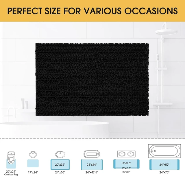 Alt view image 2 of 7 - Kitchen & Shower, Bedroom, Ultra Soft Thick Absorbent Non-Slip Bath Mat for Toilet, Premium Black Chenille Bathroom Rug