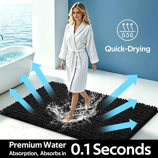 Alt view image 6 of 7 - Kitchen & Shower, Bedroom, Ultra Soft Thick Absorbent Non-Slip Bath Mat for Toilet, Premium Black Chenille Bathroom Rug