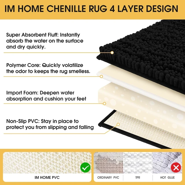 Alt view image 7 of 7 - Kitchen & Shower, Bedroom, Ultra Soft Thick Absorbent Non-Slip Bath Mat for Toilet, Premium Black Chenille Bathroom Rug