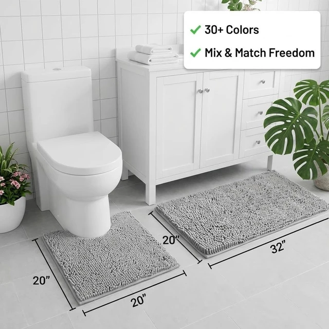 Alt view image 2 of 7 - Microfiber Washable Dry Quickly Bath Mats for Bathroom, Strong PVC Non Slip Backing, Super Absorbent Chenille Bath Mats and U-Shaped Toilet Rug, Bathroom Rugs Sets 2 Piece