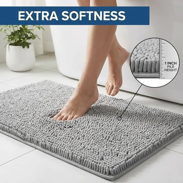 Alt view image 3 of 7 - Microfiber Washable Dry Quickly Bath Mats for Bathroom, Strong PVC Non Slip Backing, Super Absorbent Chenille Bath Mats and U-Shaped Toilet Rug, Bathroom Rugs Sets 2 Piece