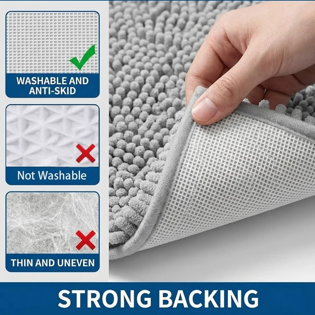 Alt view image 5 of 7 - Microfiber Washable Dry Quickly Bath Mats for Bathroom, Strong PVC Non Slip Backing, Super Absorbent Chenille Bath Mats and U-Shaped Toilet Rug, Bathroom Rugs Sets 2 Piece