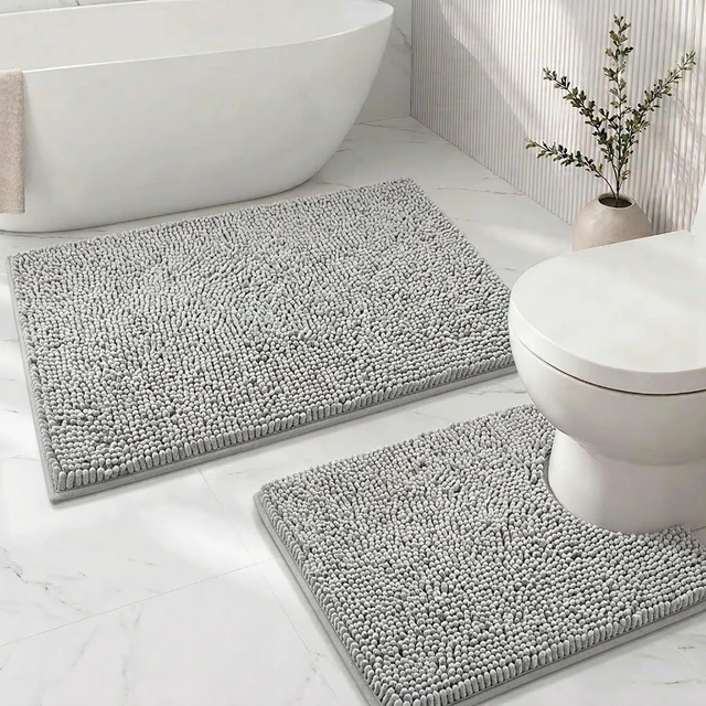 Alt view image 2 of 7 - Machine Washable High-Absorbency Floor Mats, Plush Non-Slip Toilet Mat & Bath Runner, 2-Piece Chenille Bathroom Rug Set