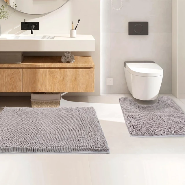 Alt view image 3 of 7 - Machine Washable High-Absorbency Floor Mats, Plush Non-Slip Toilet Mat & Bath Runner, 2-Piece Chenille Bathroom Rug Set