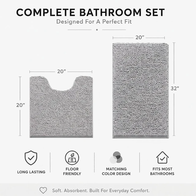 Alt view image 4 of 7 - Machine Washable High-Absorbency Floor Mats, Plush Non-Slip Toilet Mat & Bath Runner, 2-Piece Chenille Bathroom Rug Set