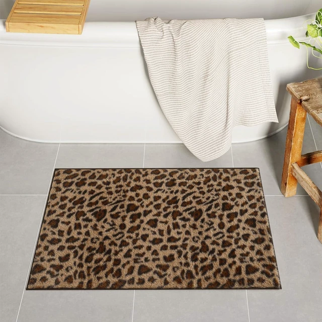Main image of Leopard Print Fluffy Bath Rug Non-Slip Washable Bathroom Mat for Sink Vanity Shower Area