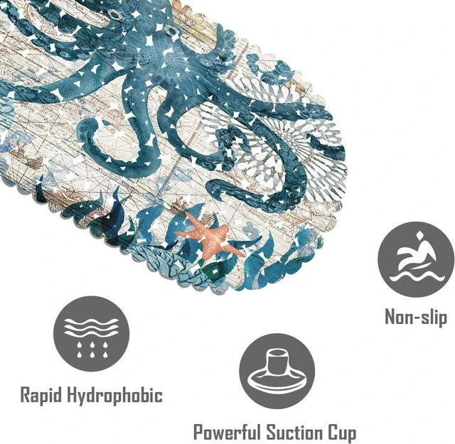 Alt view image 4 of 7 - Safety Vinyl Non-Skid Coastal Ocean Nautical Decor Bathroom Accessory, Oval Pebble Shower Pad for Baby Tub, Anti-Slip Sea Turtle Bath Mat with Suction Cups