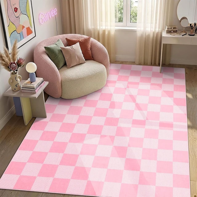 Alt view image 5 of 7 - Pink Plaid Washable Girls Rug Low-Pile Small Door Mat