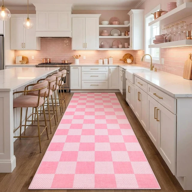 Alt view image 4 of 7 - Pink Plaid Washable Girls Rug Low-Pile Small Door Mat