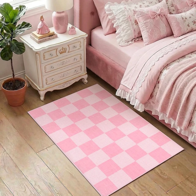 Alt view image 3 of 7 - Pink Plaid Washable Girls Rug Low-Pile Small Door Mat