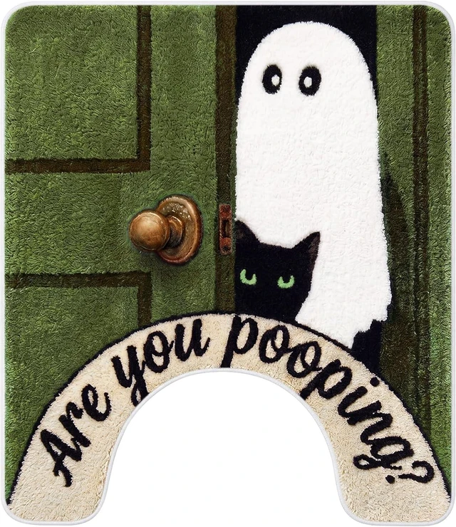 Main image of Halloween Ghost Cat Themed U-Shaped Toilet Rug Funny Bathroom Floor Mat