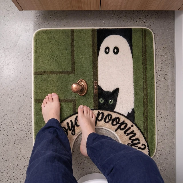 Alt view image 2 of 7 - Halloween Ghost Cat Themed U-Shaped Toilet Rug Funny Bathroom Floor Mat