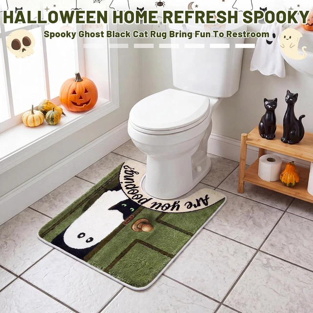 Alt view image 3 of 7 - Halloween Ghost Cat Themed U-Shaped Toilet Rug Funny Bathroom Floor Mat