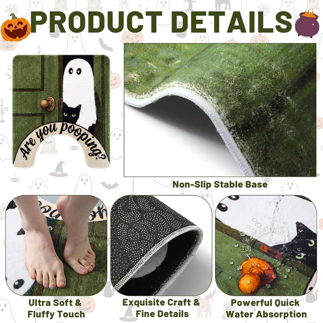 Alt view image 5 of 7 - Halloween Ghost Cat Themed U-Shaped Toilet Rug Funny Bathroom Floor Mat