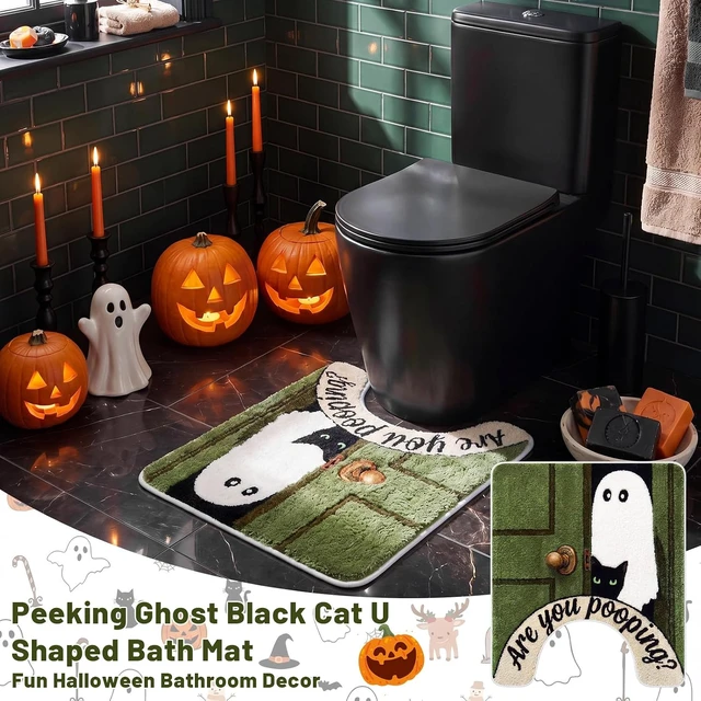 Alt view image 6 of 7 - Halloween Ghost Cat Themed U-Shaped Toilet Rug Funny Bathroom Floor Mat