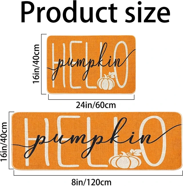 Alt view image 2 of 7 - Autumn Kitchen Floor Mats Pair Orange Hello Pumpkin Door Rugs