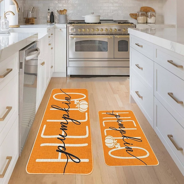 Alt view image 6 of 7 - Autumn Kitchen Floor Mats Pair Orange Hello Pumpkin Door Rugs