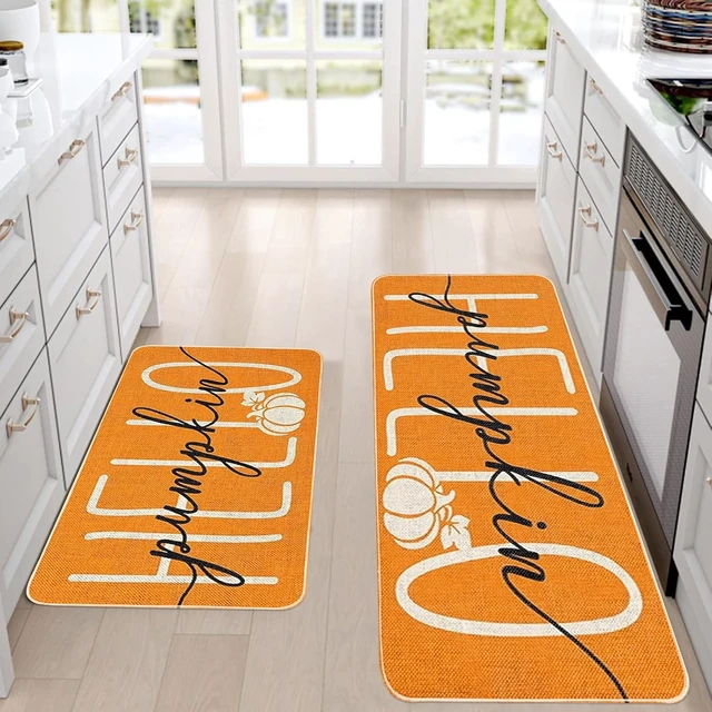 Alt view image 7 of 7 - Autumn Kitchen Floor Mats Pair Orange Hello Pumpkin Door Rugs