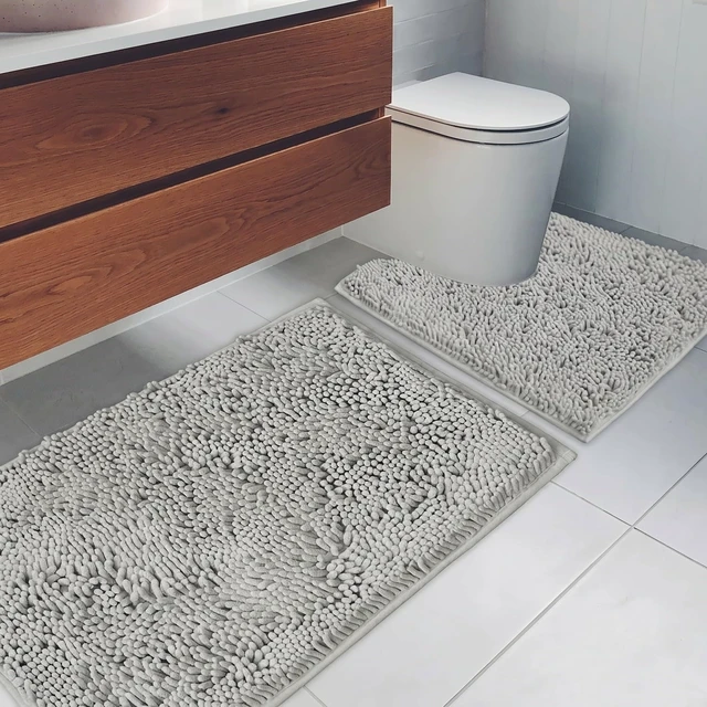 Alt view image 2 of 7 - Machine Washable for Bathtub & Toilet, Plush Shaggy Thick Bathroom Rug, Super Absorbent with PVC Non Slip Backing, Chenille Bath Mat 2 Piece Set