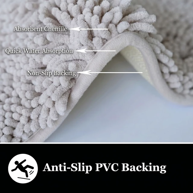 Alt view image 6 of 7 - Machine Washable for Bathtub & Toilet, Plush Shaggy Thick Bathroom Rug, Super Absorbent with PVC Non Slip Backing, Chenille Bath Mat 2 Piece Set