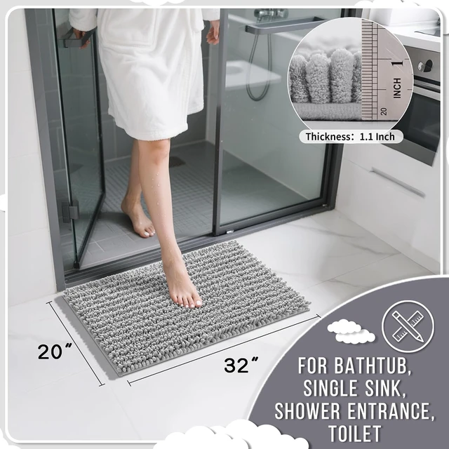 Alt view image 2 of 7 - Gray Home Decor, Non-Slip Washable Chenille Bath Rug - Ultra Soft Absorbent Quick Dry Shaggy Floor Mat for Tub and Shower