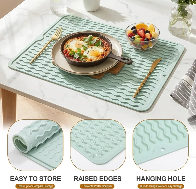 Alt view image 2 of 7 - Set of 2 Silicone Kitchen Counter Drying Mats Multipurpose Rubber Placemats for Dining Bathroom Shower Caddy Coasters Work Crafts Rug