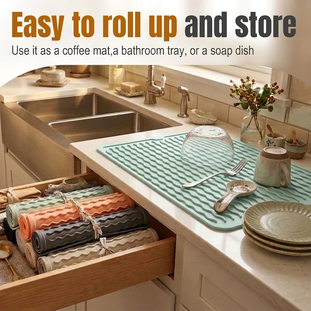 Alt view image 3 of 7 - Set of 2 Silicone Kitchen Counter Drying Mats Multipurpose Rubber Placemats for Dining Bathroom Shower Caddy Coasters Work Crafts Rug